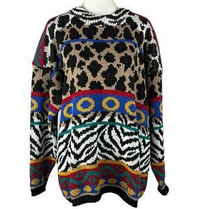 Vintage 80's Women's Sweater Abstract Tribal Animal Print M Art to Wear Fall
